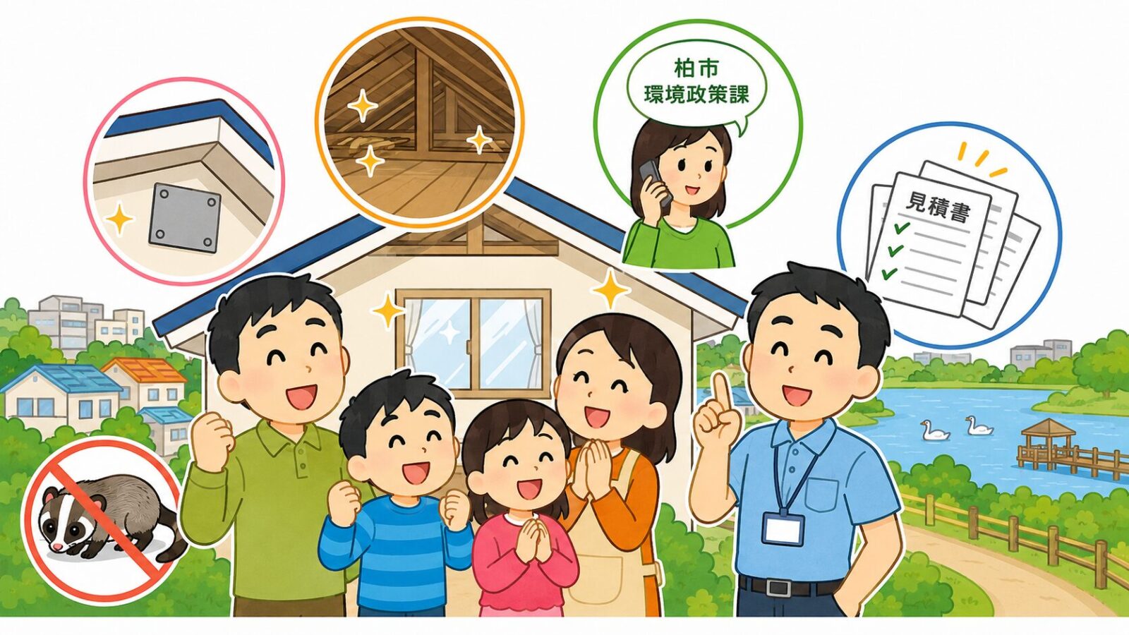 柏市の住宅でハクビシン被害が解決し安心する家族と専門家のいらすとや風イラスト