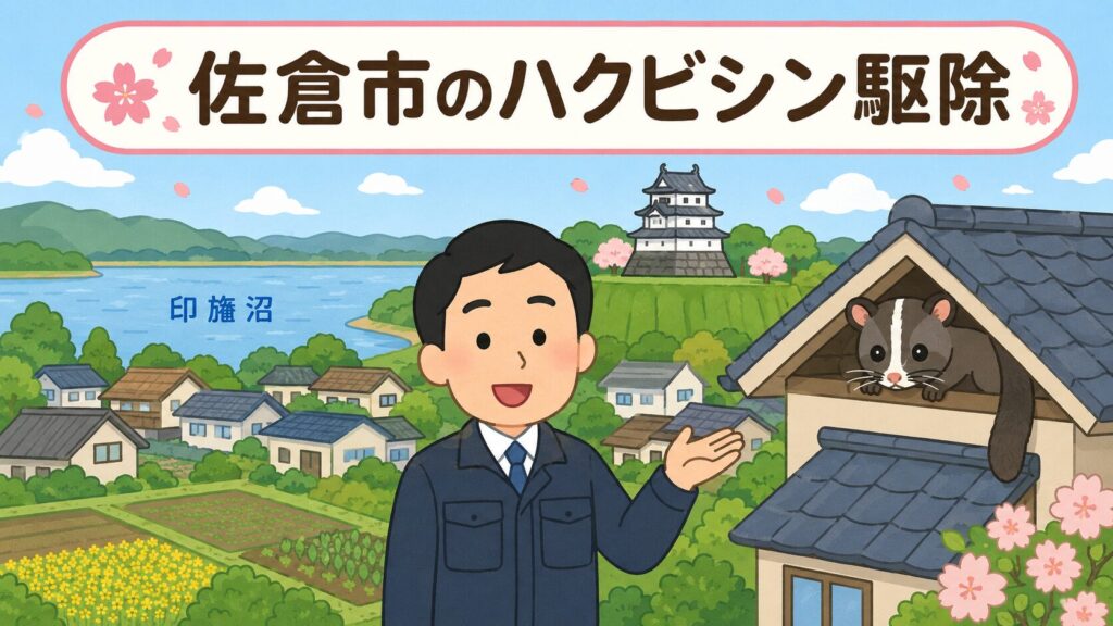 印旛沼と下総台地の城下町・佐倉市の街並みを背景に、軒下からのぞくハクビシンと案内する守谷タクミを描いたいらすとや風イラスト