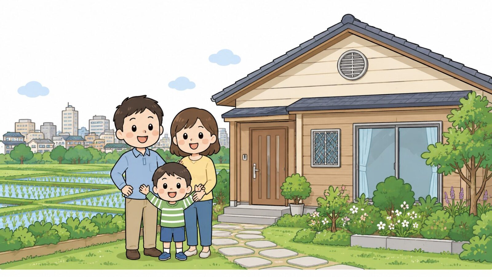 対策を終えたさいたま市の住宅の前で安心する家族と見沼田んぼの緑を描いたいらすとや風イラスト