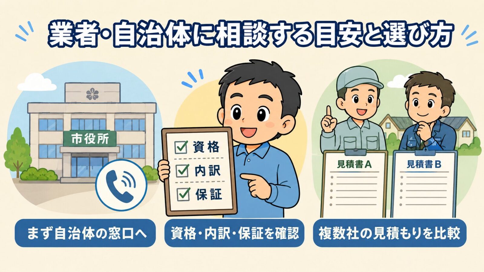 業者や自治体に相談する目安と選び方の図解。<br class=