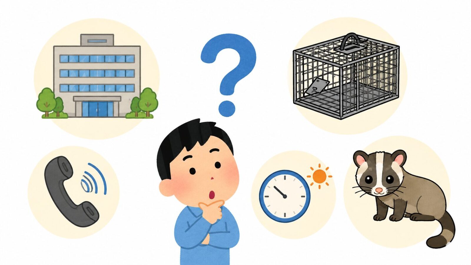 戸田市のハクビシン駆除に関するよくある質問をクエスチョンマークと市役所・箱わなのアイコンで表したいらすとや風イラスト