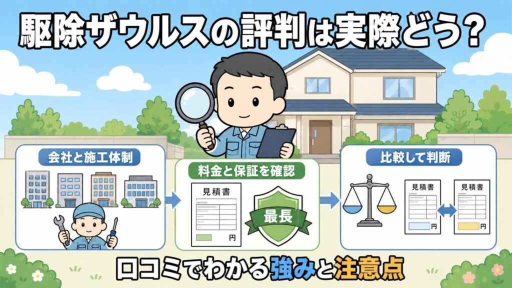 駆除ザウルスの評判は実際どう？のメインアイキャッチ。会社と施工体制・料金と保証を確認・比較して判断の3ブロックを、虫めがねとチェックボードを持った守谷タクミが整理するいらすとや風イラスト。
