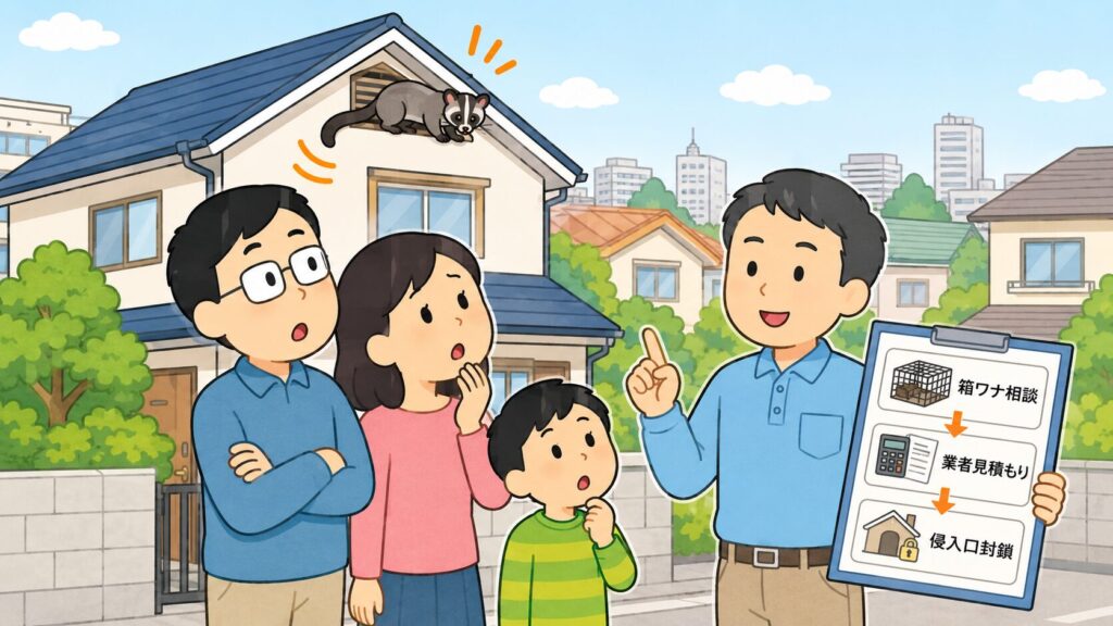 千葉市の住宅街で天井裏の物音に不安を感じる家族と白い鼻筋のハクビシン、箱ワナ相談・業者見積もり・侵入口封鎖を示すいらすとや風イラスト