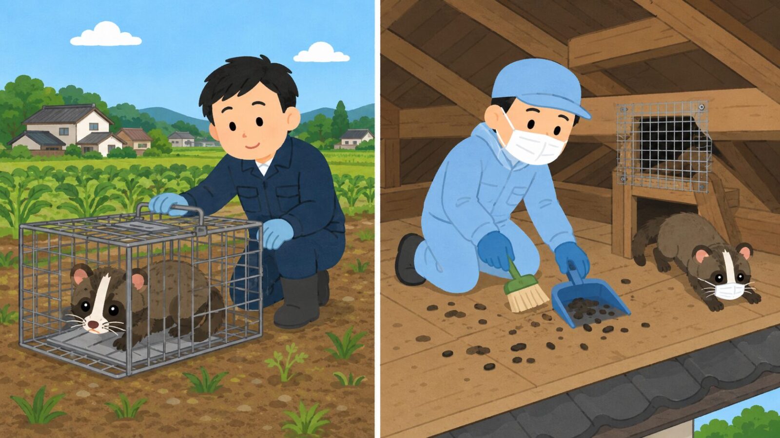 成田市の農地での捕獲と民間業者による屋根裏の清掃・封鎖作業の役割分担を比較したいらすとや風イラスト