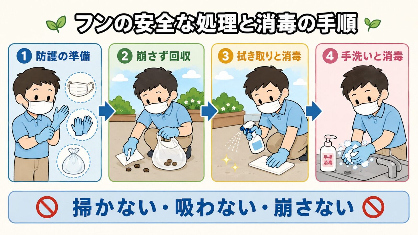 フンの安全な処理と消毒の手順を4段階で示した図解。マスクと手袋を着ける防護の準備、崩さずに袋へ回収する作業、スプレーでの拭き取りと消毒、最後の手洗いと手指消毒を左から順に並べ、下部に掃かない・吸わない・崩さないという禁止事項を大きく掲げたいらすとや風イラスト。