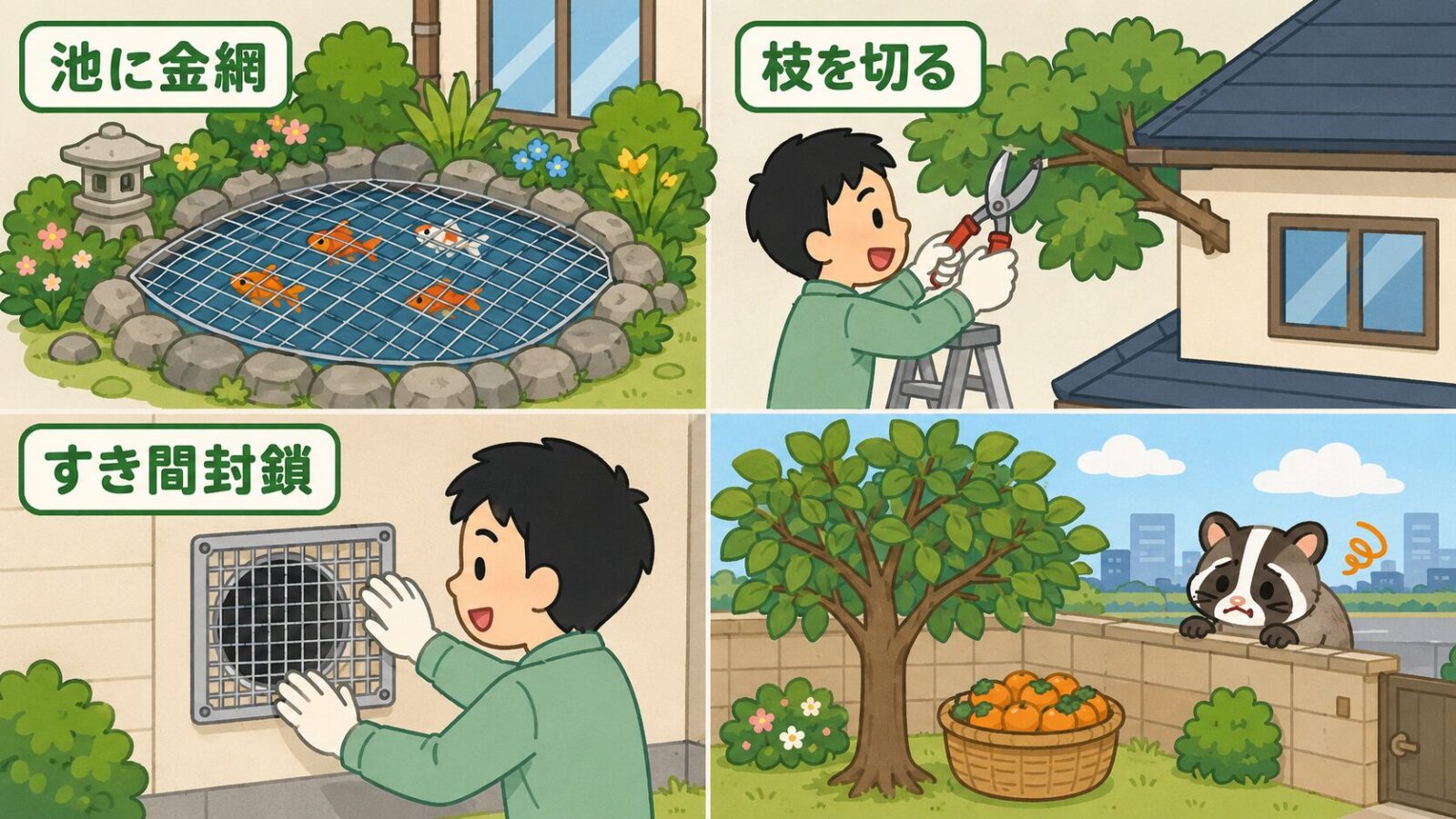 池の金網や隙間封鎖など習志野市の公式ページが案内するハクビシン予防対策を描いたいらすとや風イラスト