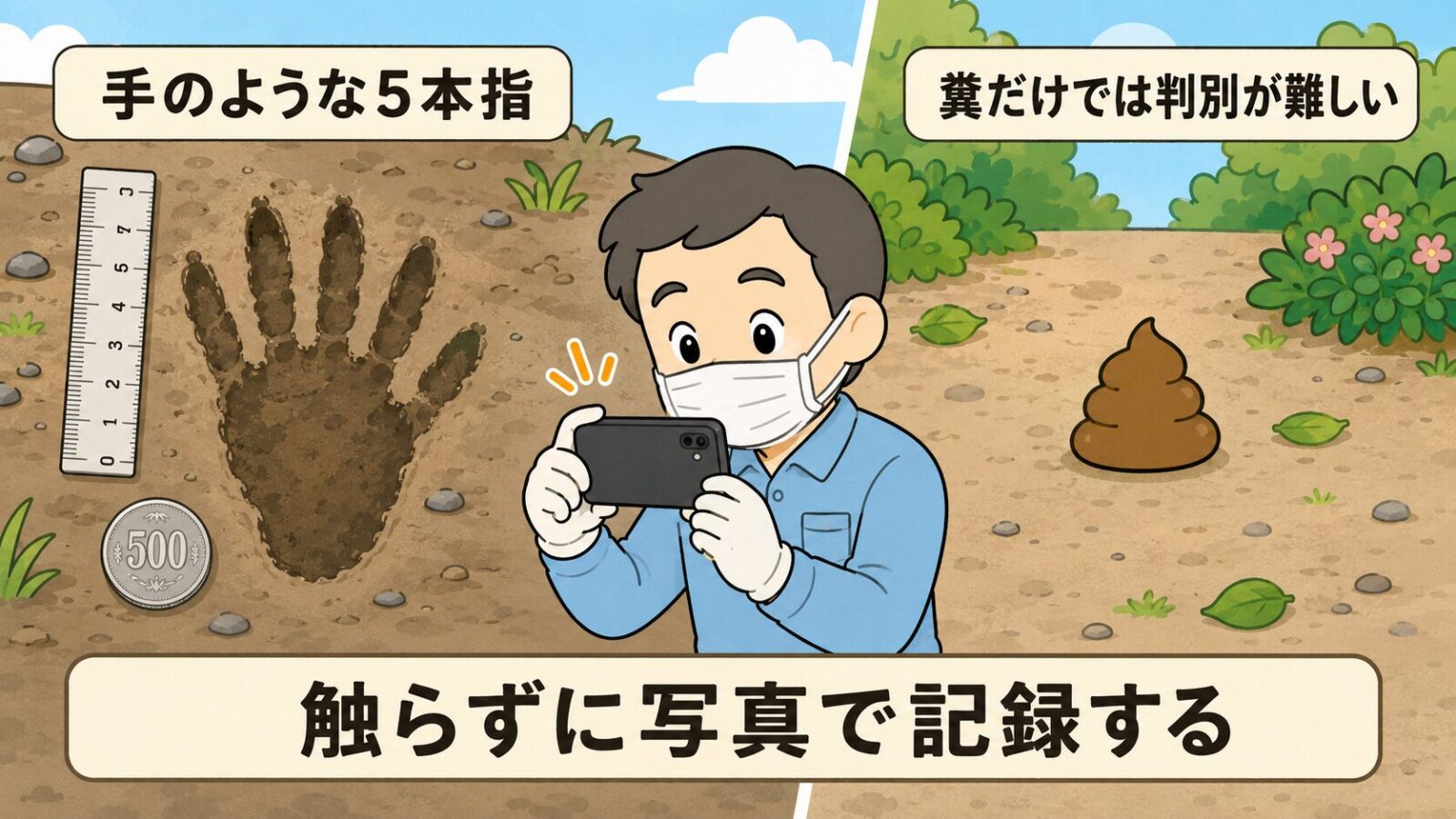足跡と糞の確認方法を示した図解。左側では定規と硬貨を並べた地面に手のような5本指の足跡が残り、中央でマスクと手袋を着けた守谷タクミがスマートフォンで撮影し、右側には糞が写り、手のような5本指・糞だけでは判別が難しい・触らずに写真で記録するという要点を添えたいらすとや風イラスト。
