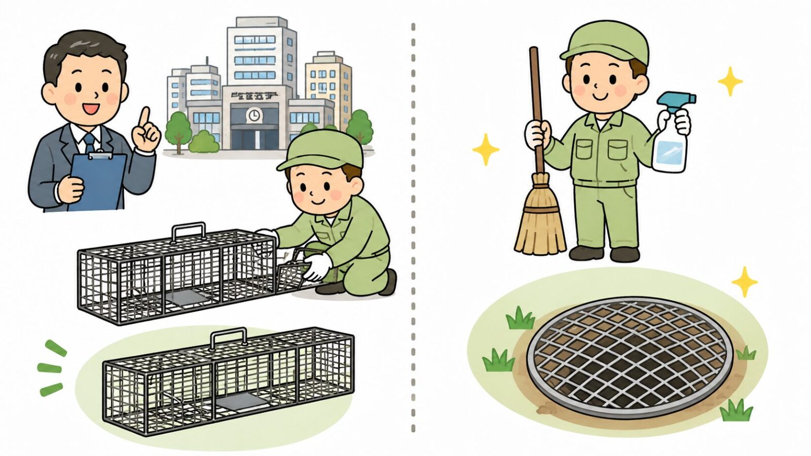 海老名市の捕獲支援と民間業者の作業範囲を比較したイラスト