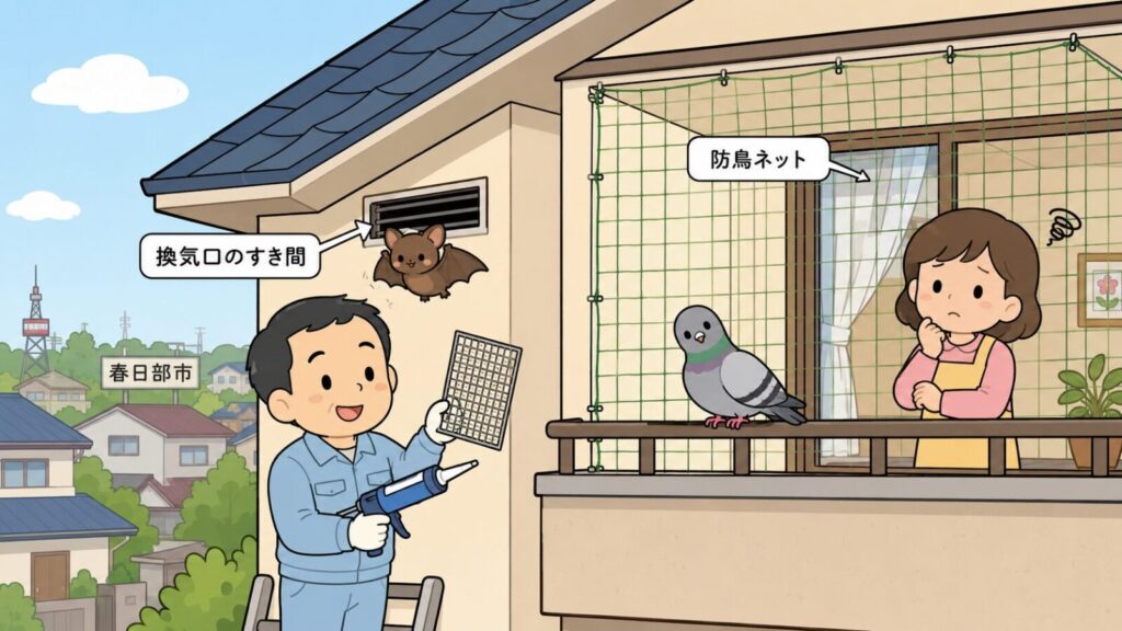 春日部市の住宅で換気口のすき間に入り込もうとするアブラコウモリと、金網で封鎖の準備をする獣害対策アドバイザー、ベランダの手すりにとまるハトと防鳥ネットを描いたいらすとや風イラスト。コウモリは追い出しと侵入口封鎖、ハトは営巣防止が基本という春日部市のコウモリ・ハト対策を表現。