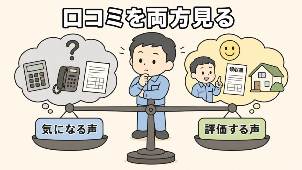 大きな天秤の左に電卓や電話のアイコンを添えた気になる声、右に領収書や家のアイコンを添えた評価する声を乗せ、どちらにも傾けずに獣害対策アドバイザーが見比べる、ハウスプロテクトの悪い口コミと良い口コミを中立に検証する図解のいらすとや風イラスト