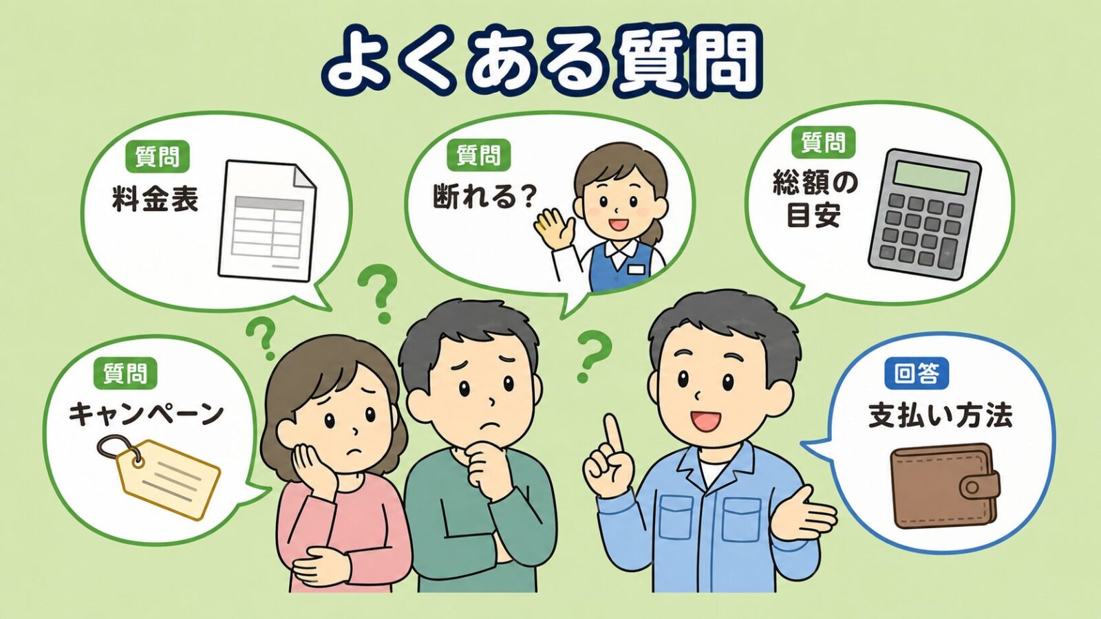 駆除ザウルスの料金に関するよくある質問の図。料金表がない理由・見積もりは無料か・相場との比べ方・キャンペーンの有無・支払い方法の5つの疑問を吹き出しで整理したいらすとや風イラスト。