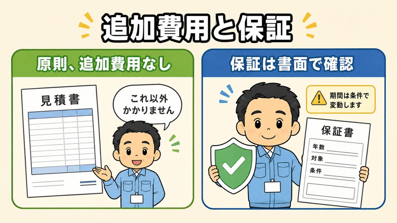 ハウスプロテクトの追加費用と保証の実態の図解。原則として最初の見積もり以外に追加費用はかからないこと、保証は公式表記で安心の10年保証だが築年数や施工内容で期間が変動すること、保証書は書面で受け取ることを守谷タクミが説明するいらすとや風イラスト。