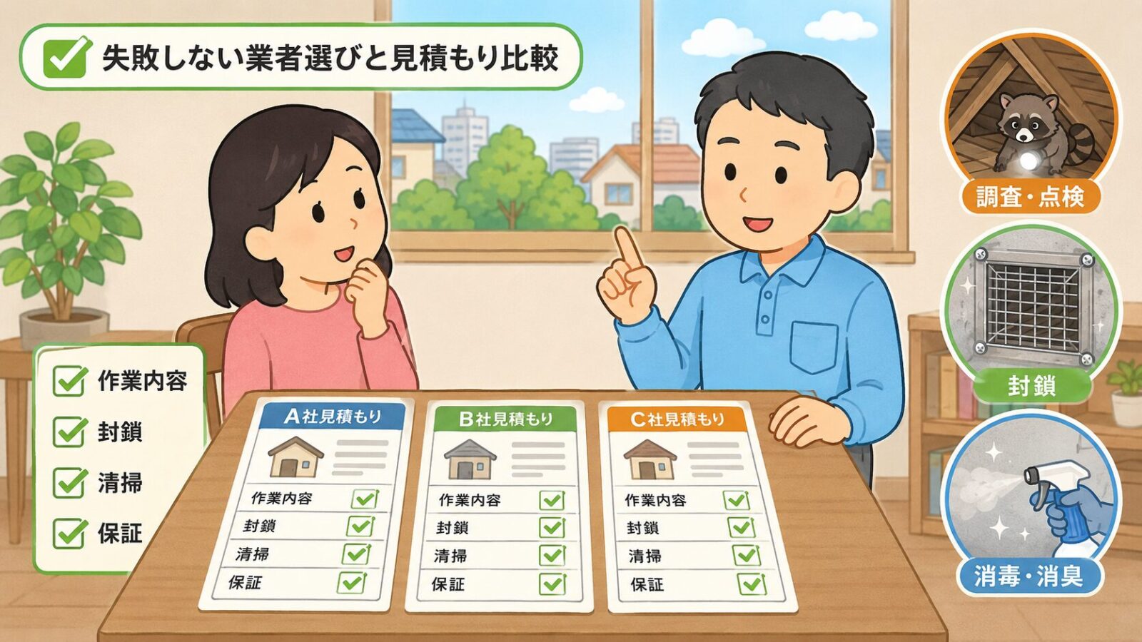 千葉市の住宅でハクビシン駆除業者の見積書を3社比較し、封鎖・清掃・保証の項目を確認している住民と専門家を描いたいらすとや風イラスト