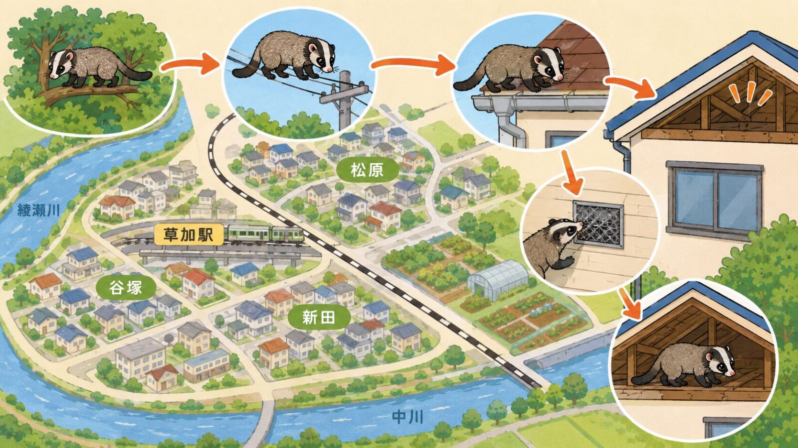 草加市の中川・綾瀬川下流域と住宅地でハクビシンの侵入経路を示すイラスト