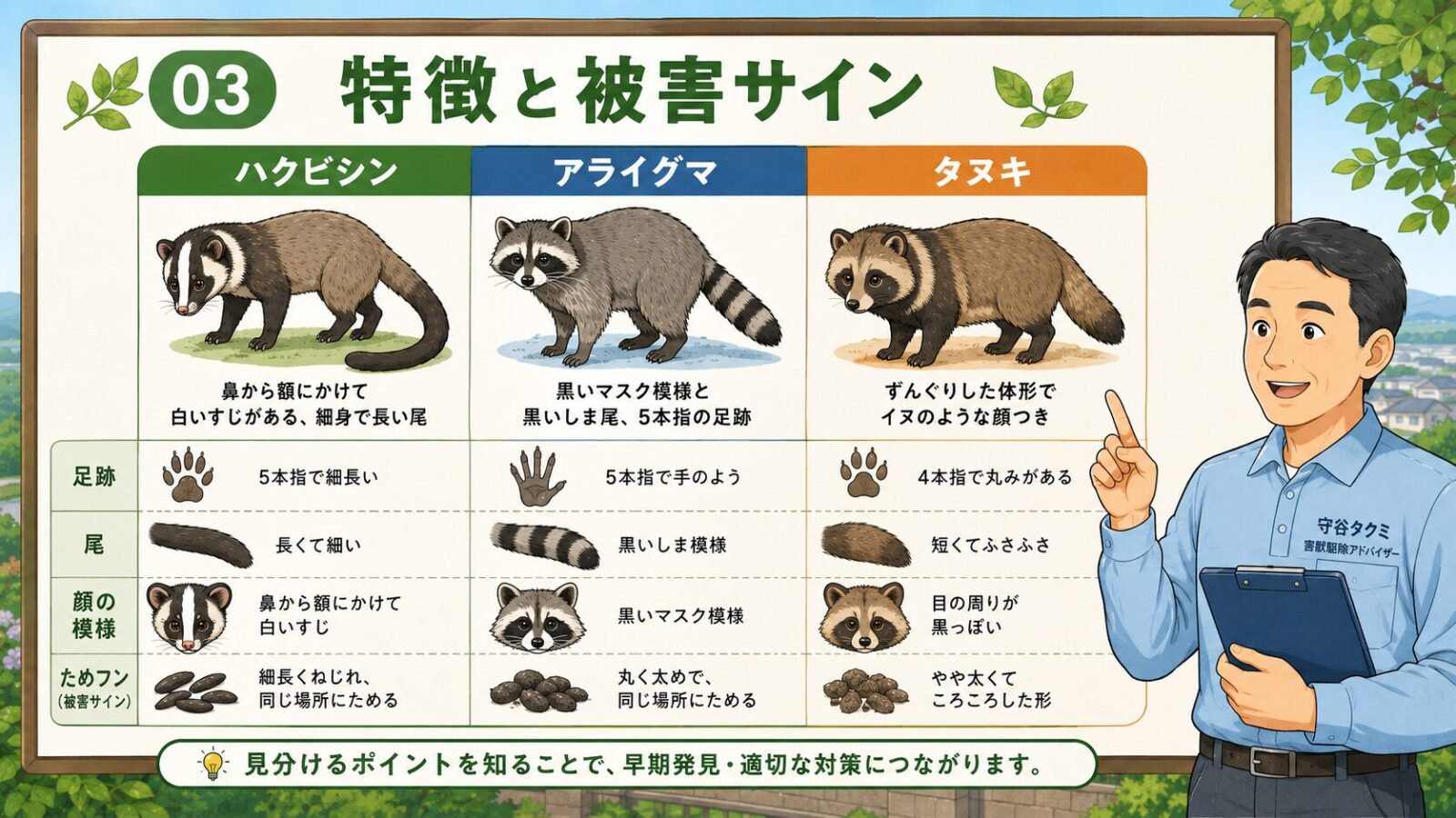 ハクビシン・アライグマ・タヌキの外見の特徴を図鑑風に比較したイラスト