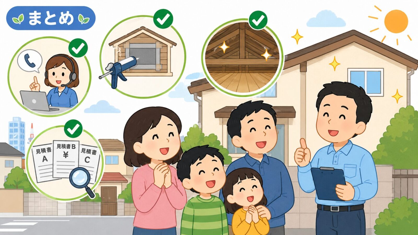 船橋市のハクビシン被害が解決して安心した家族と守谷タクミが、塞がれた侵入口と清掃済みの天井裏を確認しているまとめ用いらすとや風イラスト