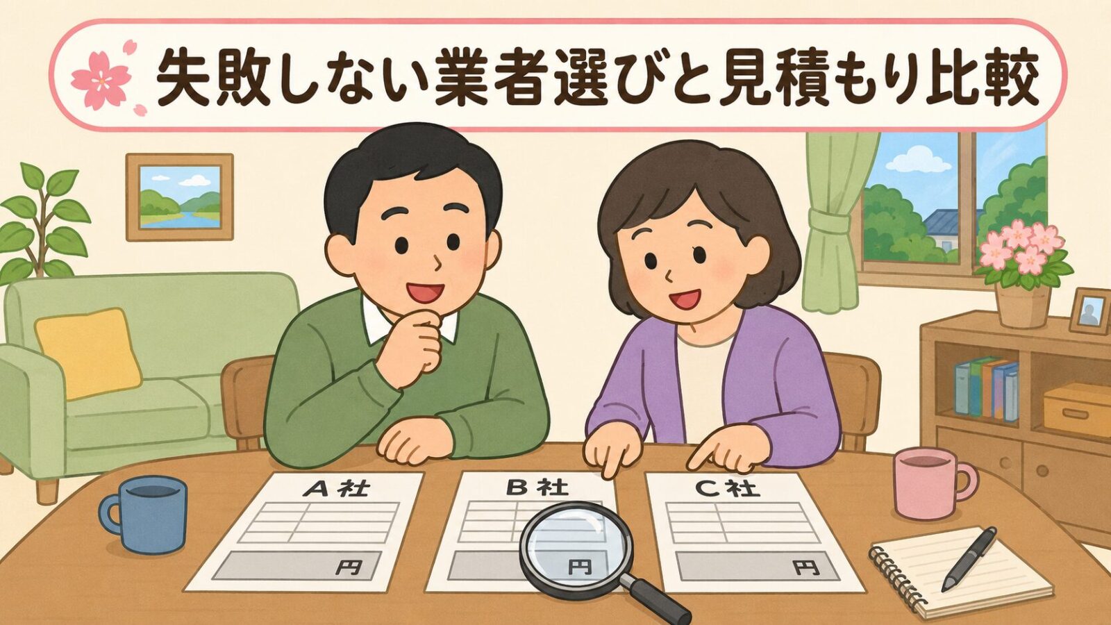 佐倉市の住民が害獣駆除業者3社の見積書を見比べている様子を描いたいらすとや風イラスト