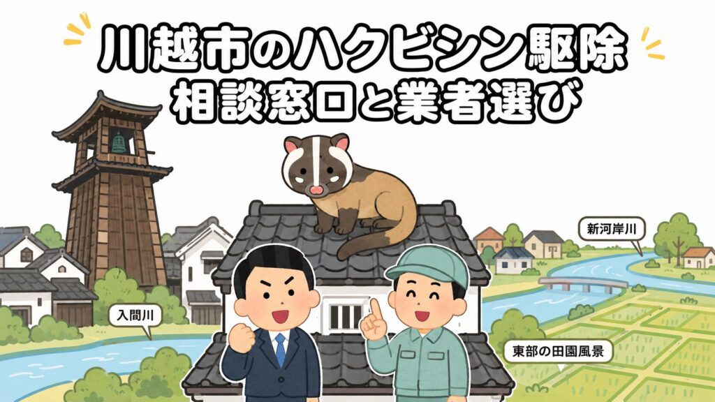 蔵造りの町並みと時の鐘を背景に、屋根の上のハクビシンと川越市役所窓口の職員・駆除業者を描いたいらすとや風アイキャッチ画像