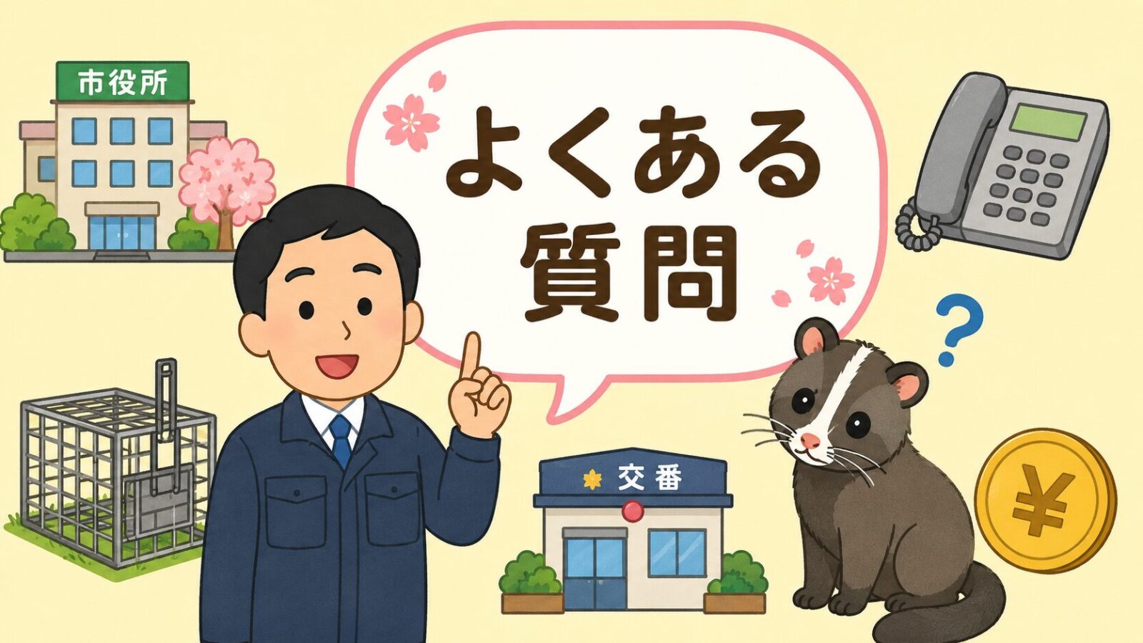 佐倉市のハクビシン駆除に関するよくある質問を市役所や電話のアイコンとともに表したいらすとや風イラスト