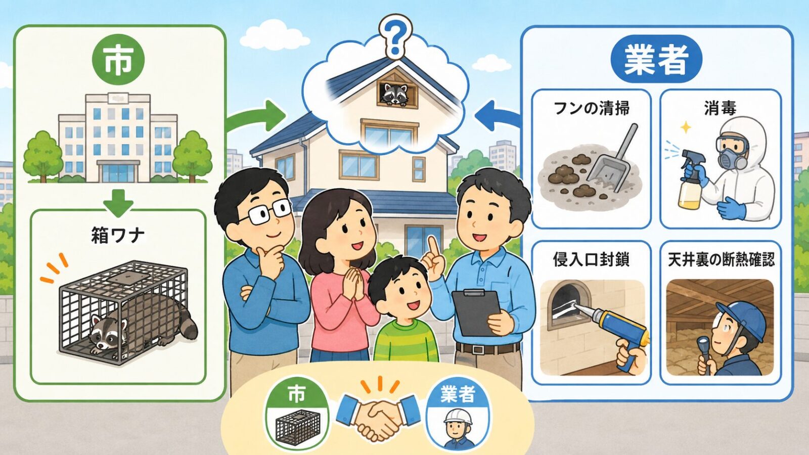 千葉市の箱ワナ制度と、民間業者が行う糞尿清掃・消毒・侵入口封鎖・断熱材確認の役割分担を比較したいらすとや風イラスト