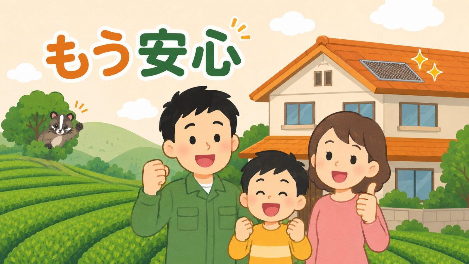対策を終えた入間市の住宅の前で安心する家族と茶畑の緑を描いたいらすとや風イラスト