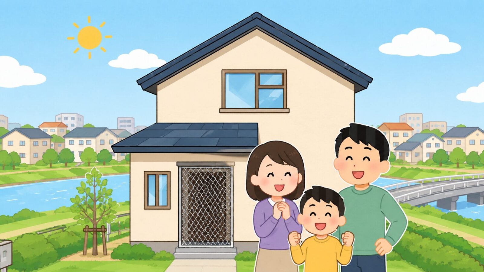 対策を終えた春日部市の住宅の前で安心する家族と川沿いの緑を描いたいらすとや風イラスト