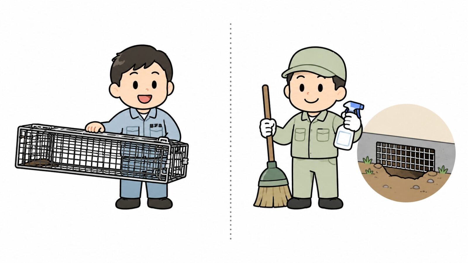 逗子市の捕獲おり貸出と民間業者の清掃・封鎖作業の役割分担を比較したいらすとや風イラスト