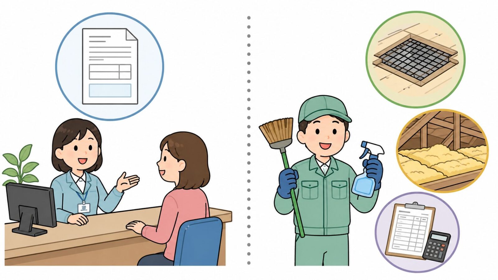 久喜市の窓口で相談できる範囲と民間業者に依頼する屋根裏作業の役割分担を比較したいらすとや風イラスト