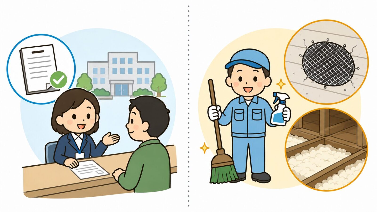 所沢市の窓口で相談できる範囲と民間業者に依頼する清掃・封鎖作業の役割分担を比較したいらすとや風イラスト