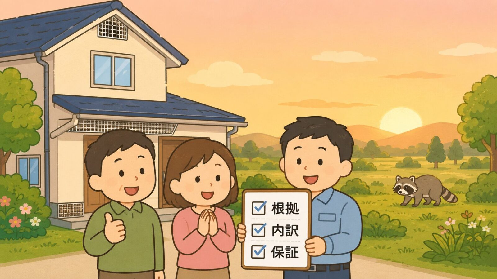 アライグマ駆除業者選びのまとめ図。夕暮れの光の中、修繕が終わった住宅の前で安心した表情の夫婦と、根拠・内訳・保証の3項目にチェックが入ったボードを持つ守谷タクミが並び、遠くの野原にアライグマがいるいらすとや風イラスト。