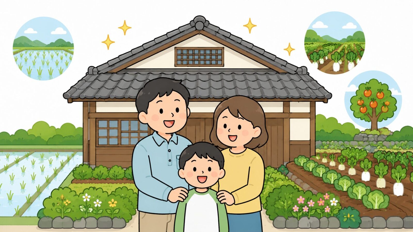 平塚市でハクビシン対策を終えて安心する家族のイラスト