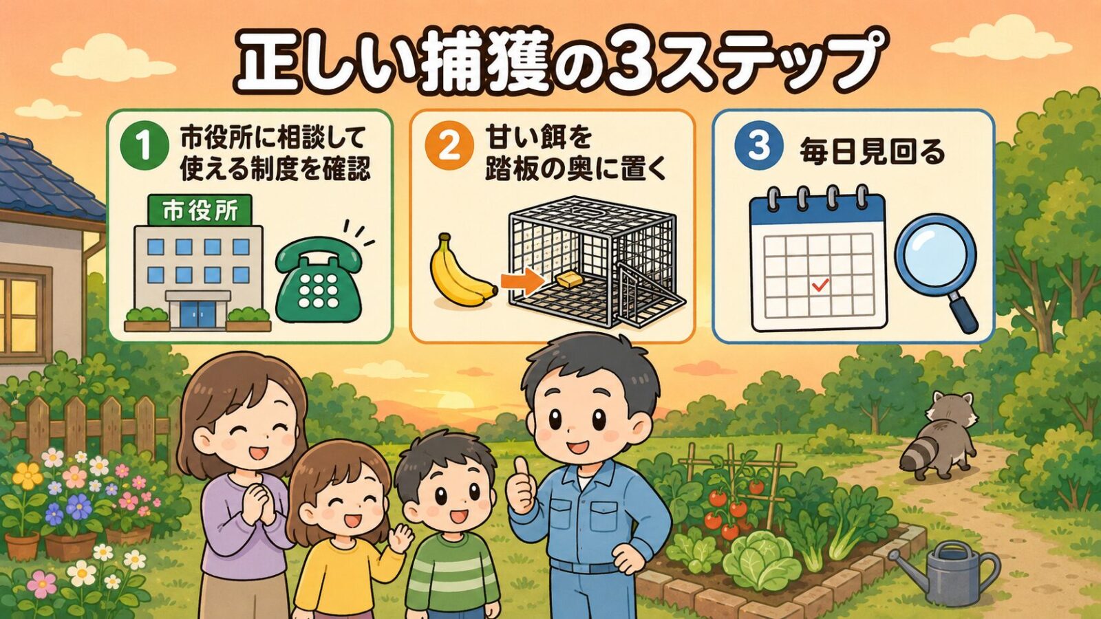 アライグマ捕獲器のまとめ図解。<br><br>自治体に相談して使える制度を確認する・主な餌を踏板より奥に置く・毎日見回るの3ステップで正しく捕獲を進められることを、安心した表情の家主と守谷タクミが示すいらすとや風イラスト。