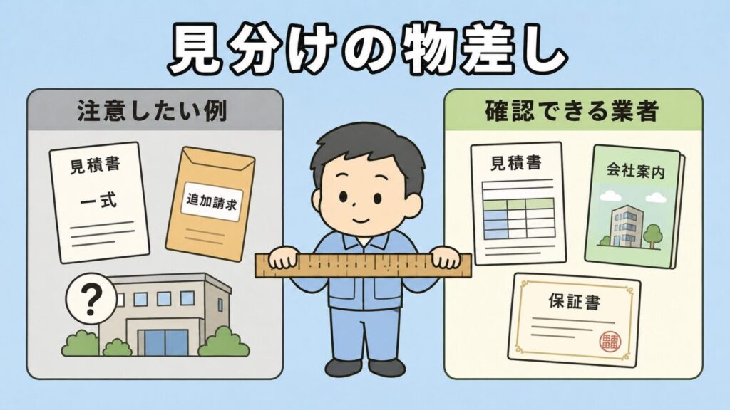 一式とだけ書かれた見積書や追加請求の封筒が並ぶ注意したい例と、内訳のある見積書・会社案内・保証書がそろう確認できる業者を左右で比較し、中央で獣害対策アドバイザーが物差しを持つ、悪質業者との見分け方を表すいらすとや風イラスト