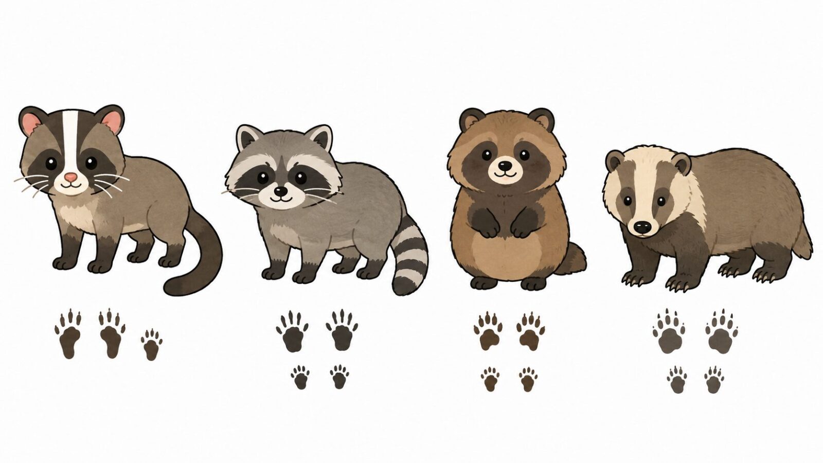 ハクビシン・アライグマ・タヌキの外見の特徴を図鑑風に比較したいらすとや風イラスト