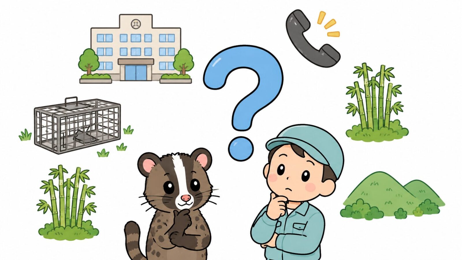 茂原市のハクビシン駆除に関するよくある質問を市役所や電話のアイコンとともに表したいらすとや風イラスト