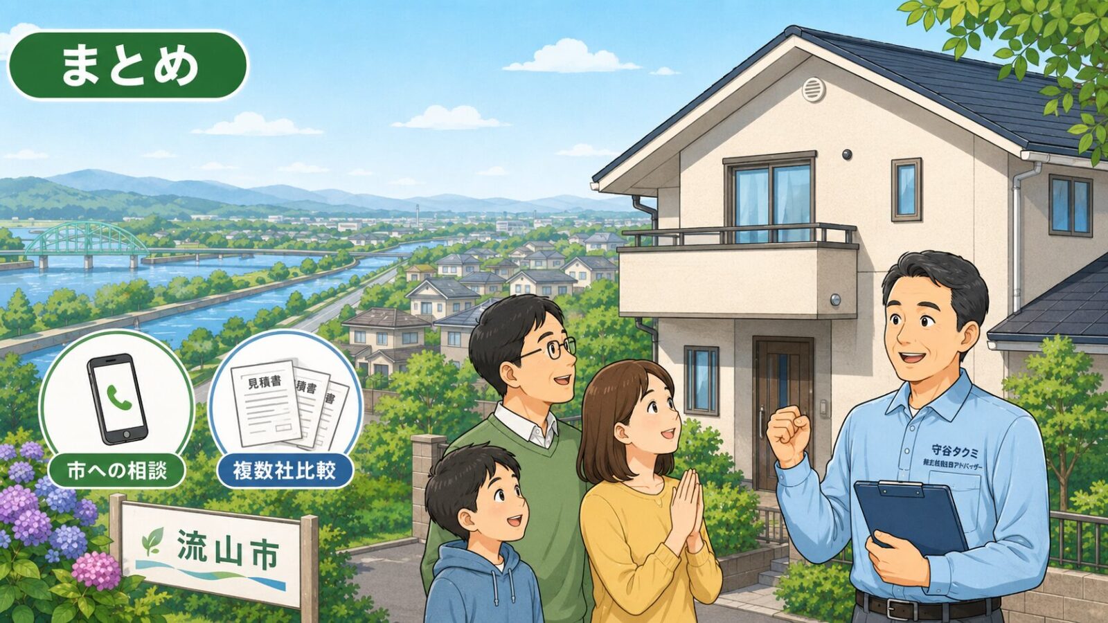 対策を終えた流山市の住宅前で安心する家族と江戸川・利根運河の緑を描いたイラスト