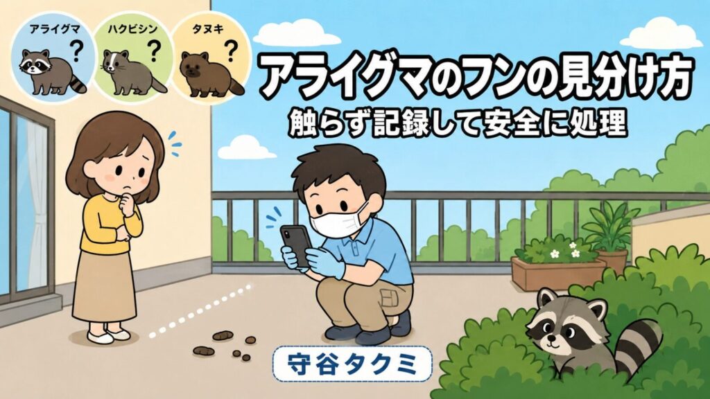アライグマのフンの見分け方を解説する記事のメインアイキャッチ。ベランダで困り顔の女性が見守るなか、マスクと手袋を着けた作業着姿の守谷タクミがしゃがんでスマートフォンでフンを撮影し、画面上部にアライグマ・ハクビシン・タヌキの3種を疑問符付きで並べ、右奥の茂みからしま模様の尻尾のアライグマが顔を出すいらすとや風イラスト。