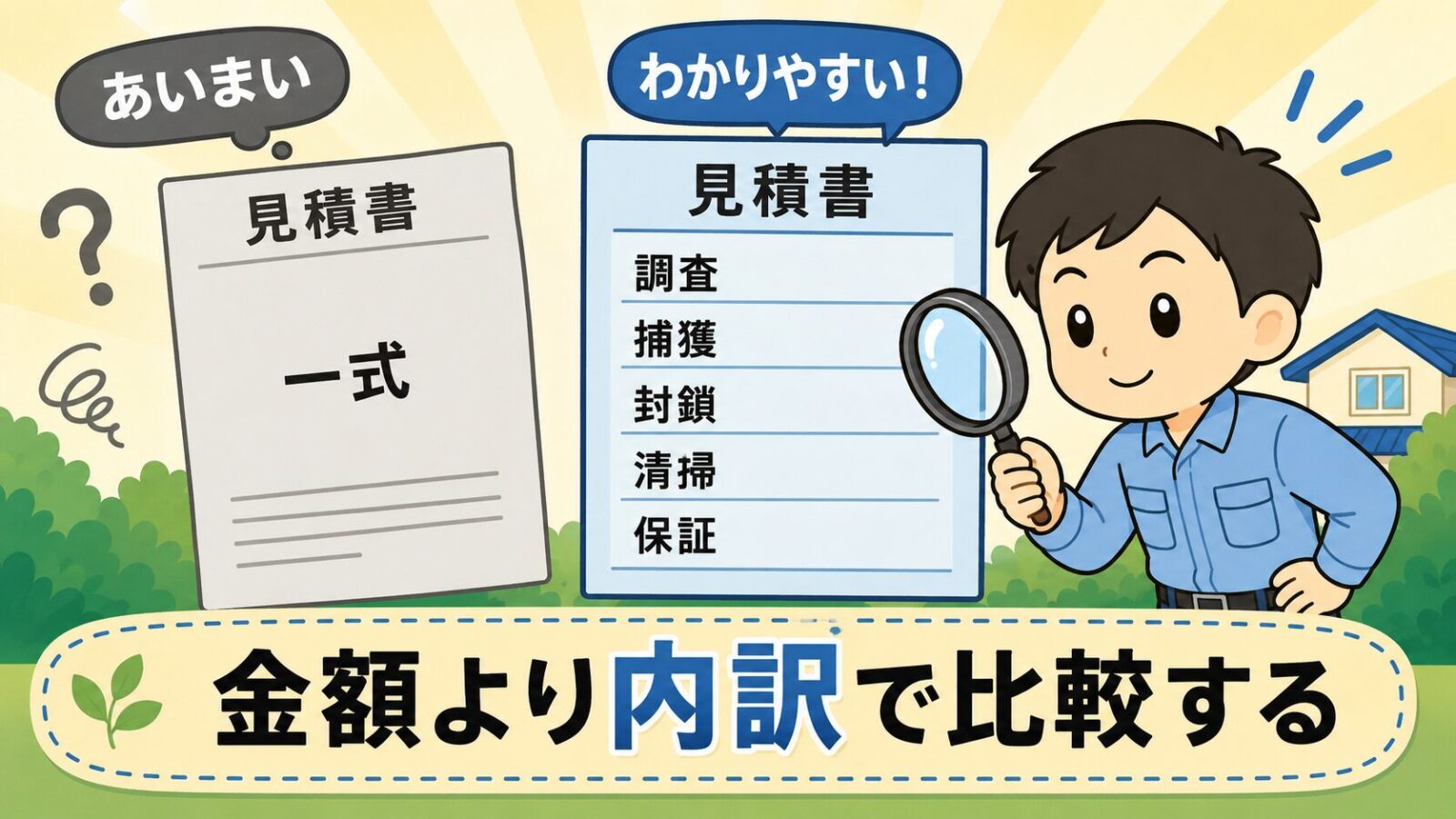 アライグマ駆除の見積書を比較する視点を示す図解。「一式」とだけ書かれたあいまいな見積書と、調査・捕獲・封鎖・清掃・保証の項目が並ぶわかりやすい見積書を左右に置き、虫めがねを手にした守谷タクミが金額より内訳で比較することを伝えるいらすとや風イラスト。
