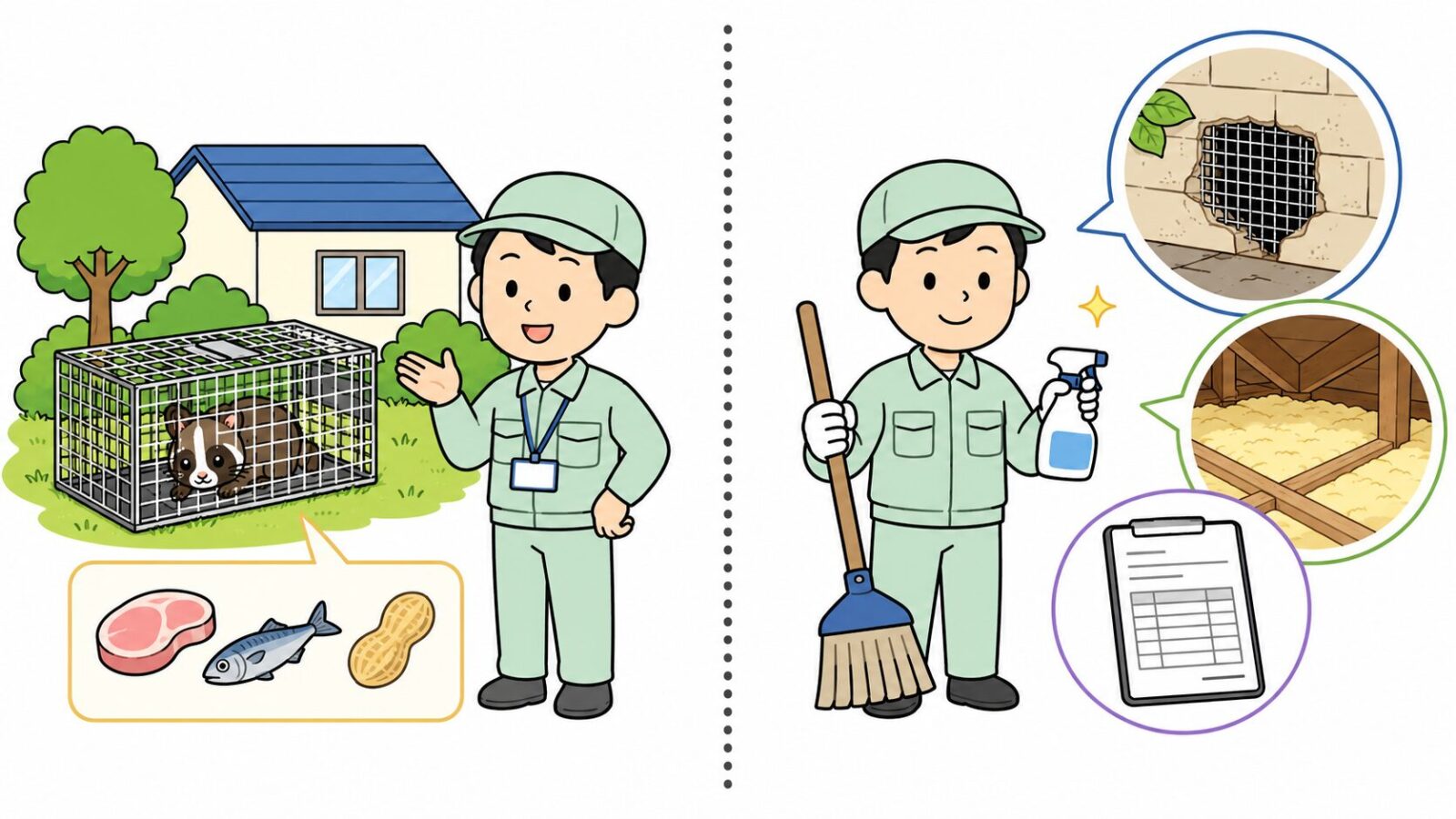 狭山市の捕獲器が置ける庭と設置できない屋根裏の役割分担を比較したいらすとや風イラスト