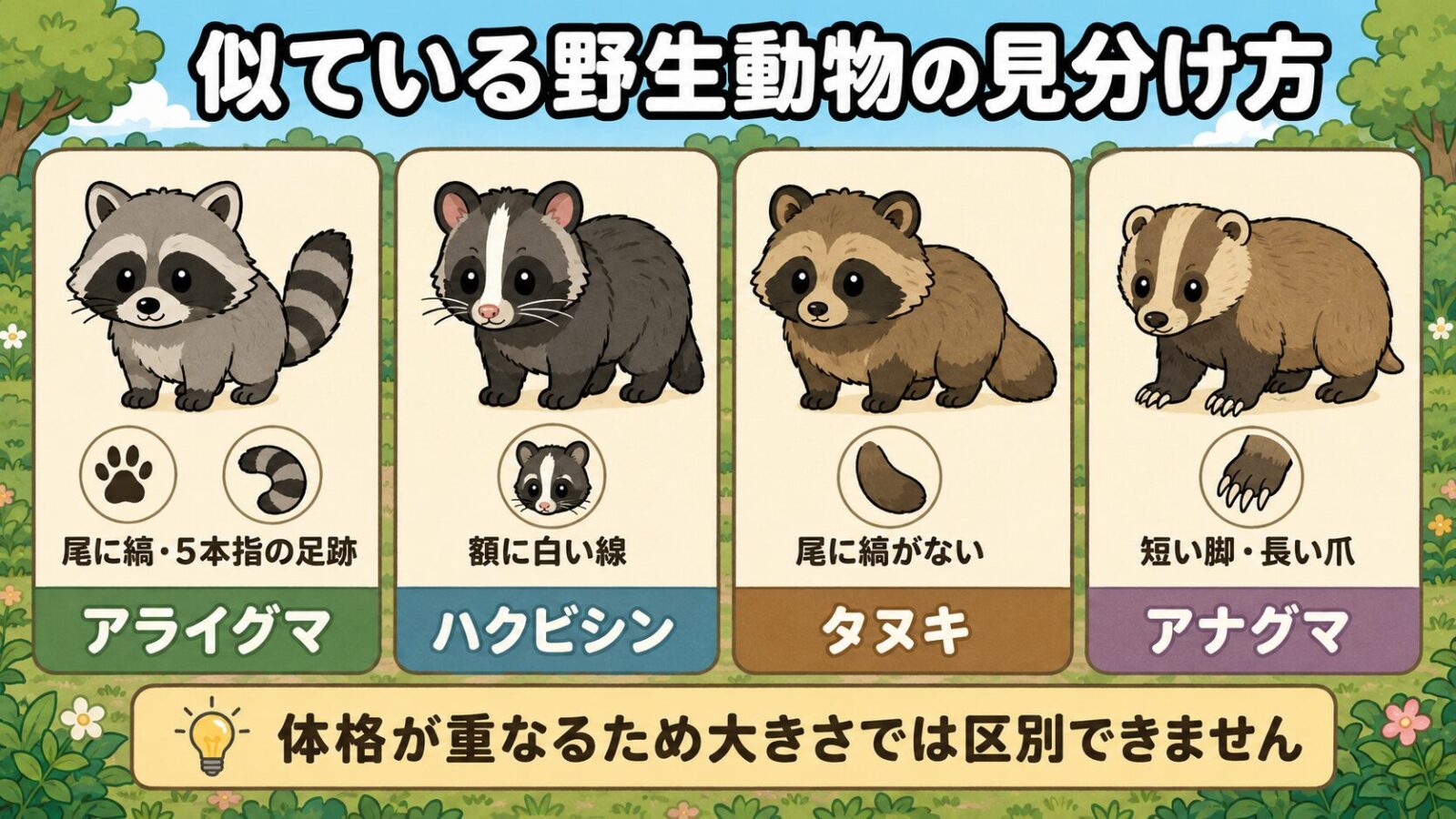 アライグマ・ハクビシン・タヌキ・アナグマを並べて比較する図解。それぞれの姿の下に、尾に縞と5本指の足跡、額に白い線、尾に縞がない、短い脚と長い爪という特徴を添え、最下部に体格が重なるため大きさでは区別できませんという注意書きを配置したいらすとや風イラスト。