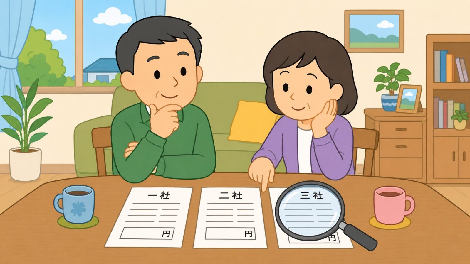 我孫子市の住民が害獣駆除業者3社の見積書を見比べている様子を描いたいらすとや風イラスト