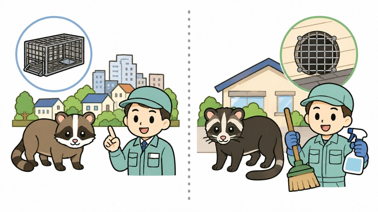 川口市のアライグマ罠設置とハクビシンで必要な民間業者の清掃・封鎖作業の役割分担を比較したいらすとや風イラスト
