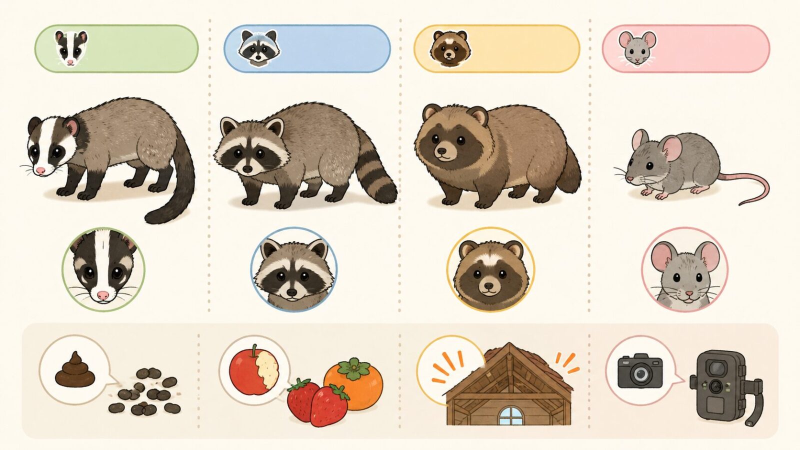 ハクビシンとアライグマ、タヌキの外見と被害サインを比較したイラスト