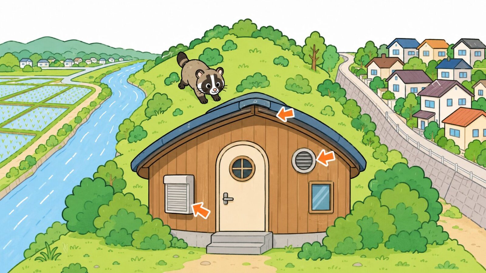 中央に座間丘陵が南北に走り西に相模川低地が広がる座間市の住宅でハクビシンの侵入経路を示したいらすとや風イラスト