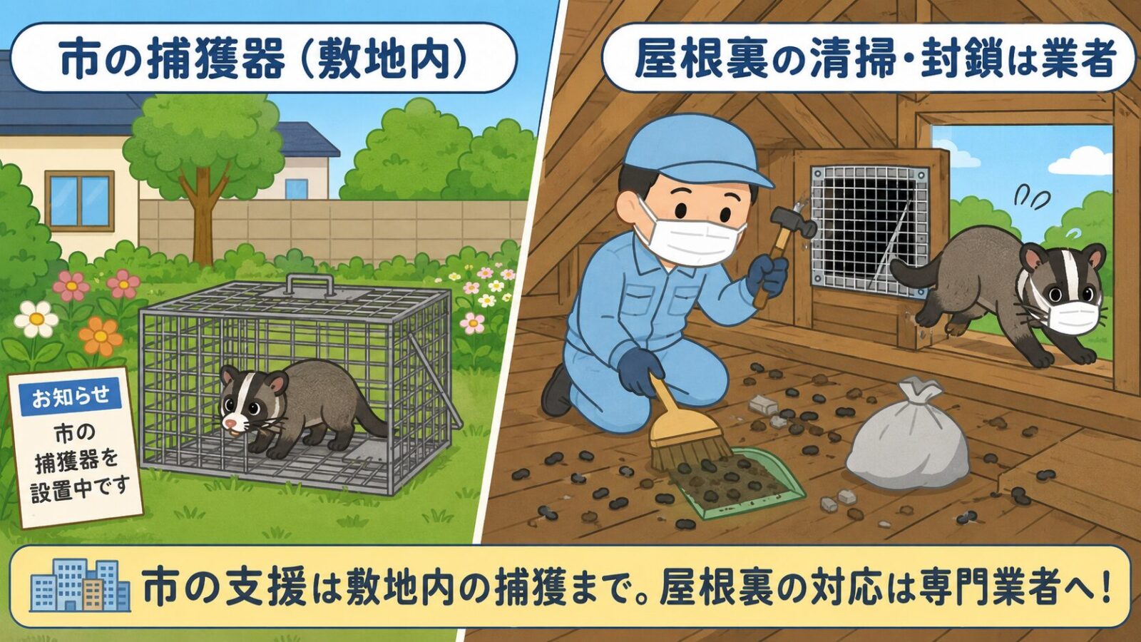 浦安市の捕獲器設置と民間業者に依頼する屋根裏の清掃・封鎖作業の役割分担を比較したいらすとや風イラスト