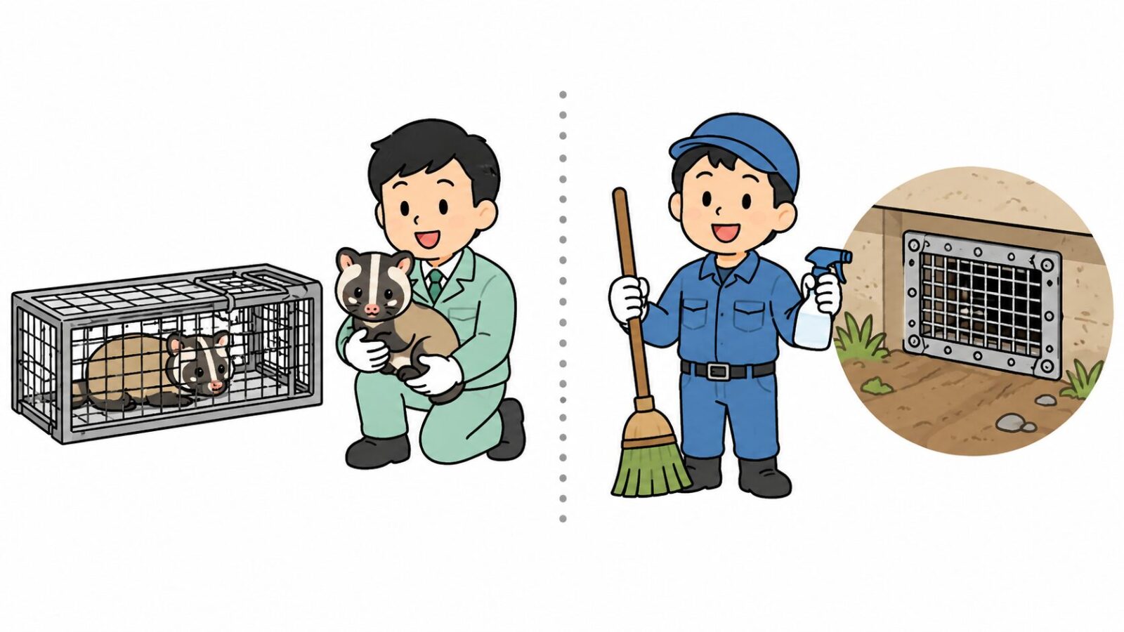 伊勢原市の箱わな貸出・回収と民間業者の清掃・封鎖作業の役割分担を比較したいらすとや風イラスト
