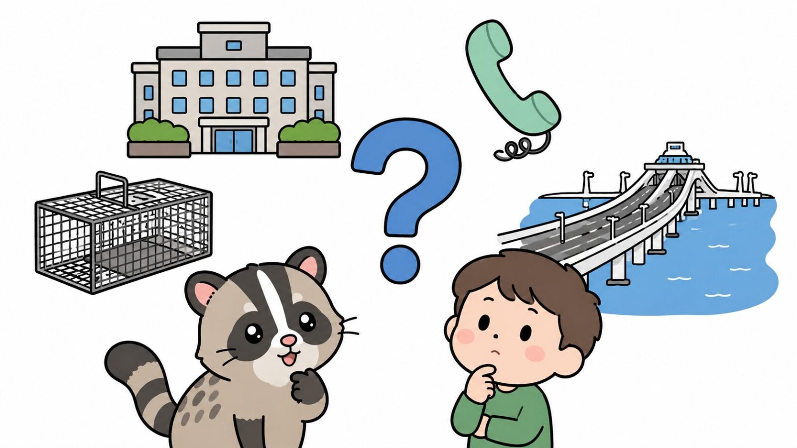 木更津市のハクビシン駆除に関するよくある質問を市役所や電話のアイコンとともに表したいらすとや風イラスト