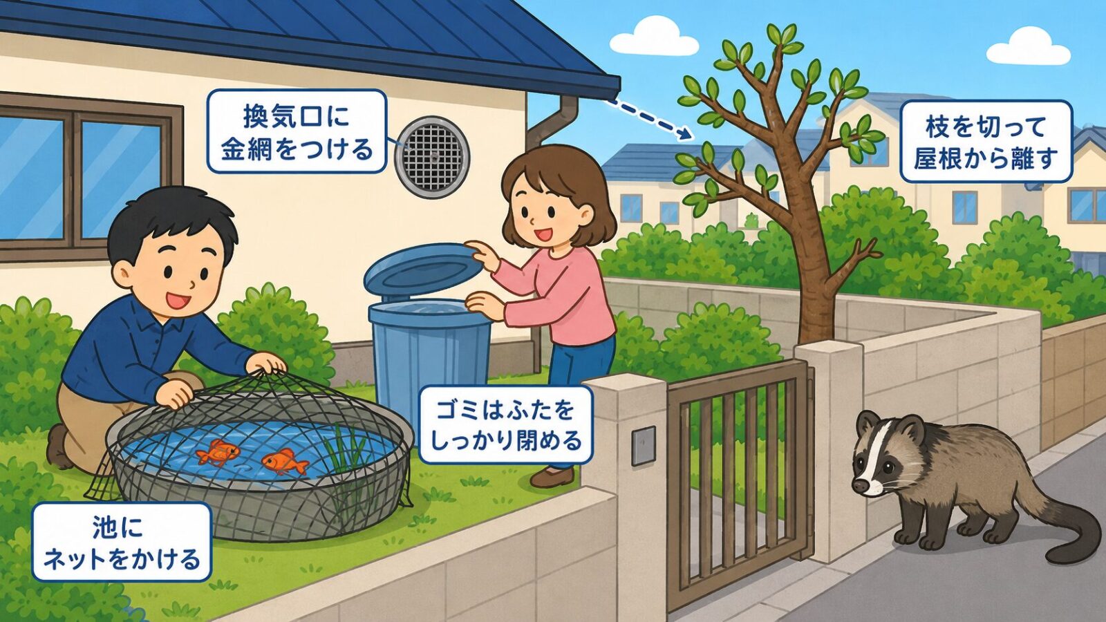 金魚の池のネット掛けや通風口の金網封鎖など浦安市の住宅でできるハクビシン予防対策を描いたいらすとや風イラスト