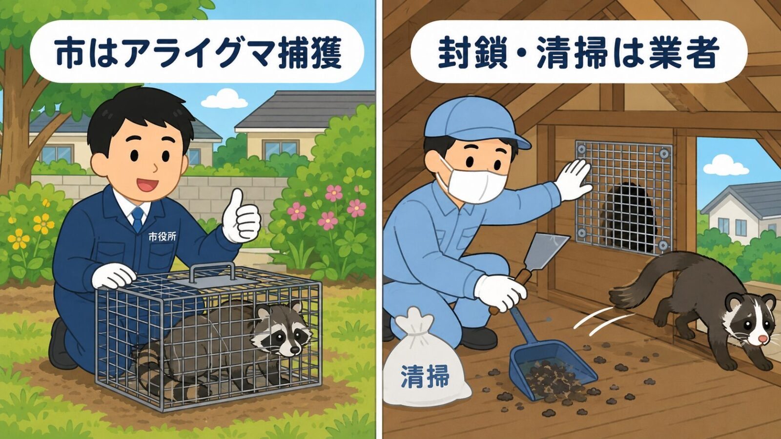 我孫子市のアライグマ捕獲と民間業者に依頼する屋根裏の清掃・封鎖作業の役割分担を比較したいらすとや風イラスト