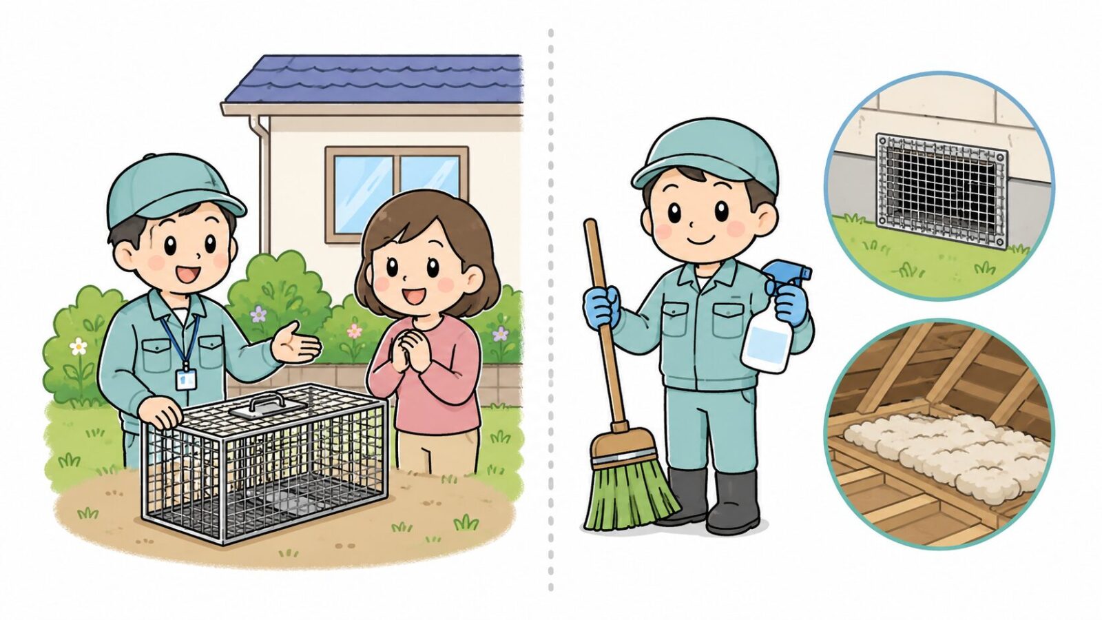 市の捕獲用の檻の貸し出しと民間業者に依頼する屋根裏の清掃・封鎖作業の役割分担を比較したいらすとや風イラスト